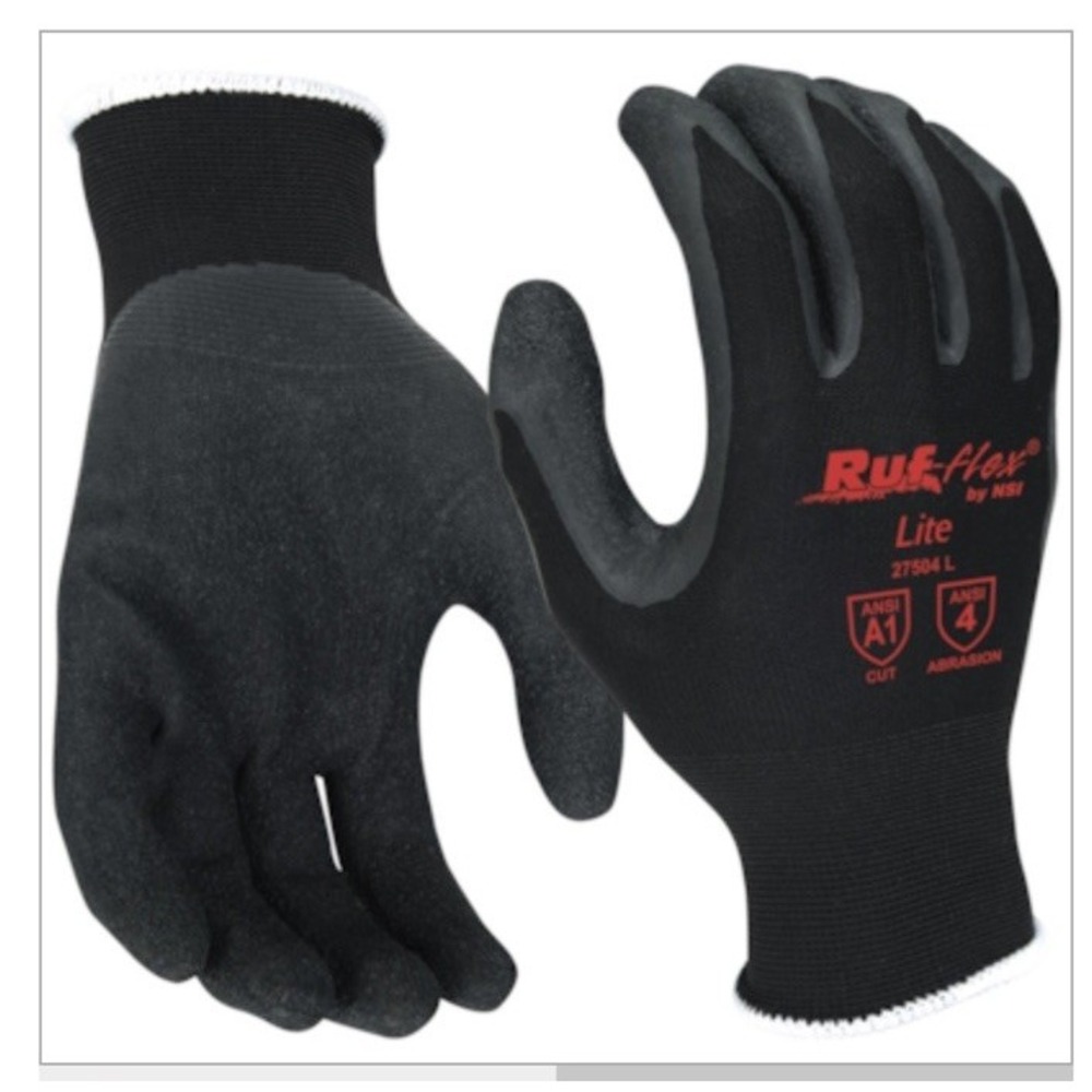 12 PAIR RUF-FLEX LITE BLACK RUBBER PALM COATED NYLON STRING KNIT GLOVES NEW Sz M